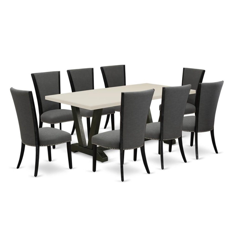 East West Furniture 9 Piece Dining Room Table Set Includes A Linen White Dining Room Table And 8 Dark Gotham Grey Linen Fabric Dining Chairs With High Back - Wire Brushed Black Finish