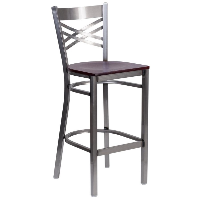 Clear Coated X Back Metal Restaurant Barstool with Mahogany Wood Seat