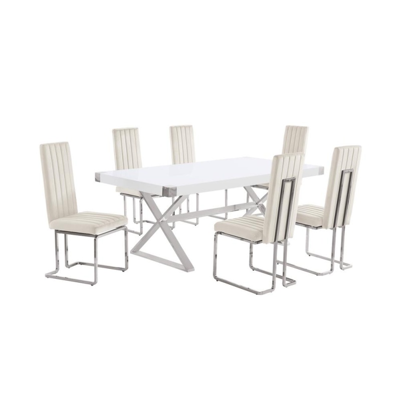 7Pc Small 78" White Wood Top Dining Set with 6 Chairs