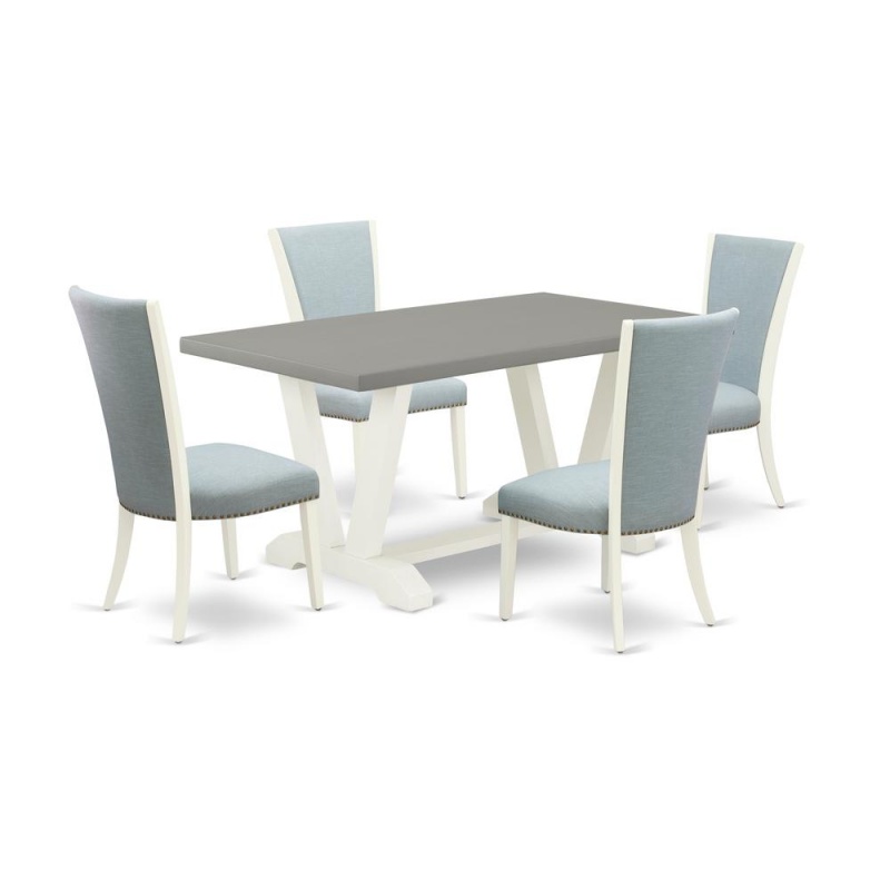 East West Furniture V096ve215-5 5 Piece Dining Room Table Set - 4 Baby Blue Linen Fabric Dining Room Chair With Nail Heads And Cement Dining Room Table - Linen White Finish