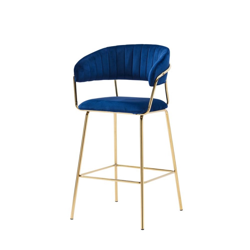 Bellai Gold Plated With Velour Fabric 29" Bar Chair, Set Of 2, Blue