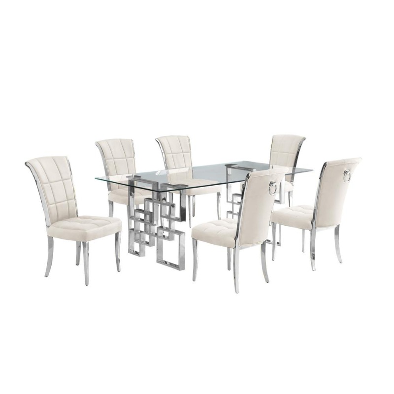 7-Piece Glam Dining Set With 6 Cream Chairs And A 79" Long Glass Dinng Table