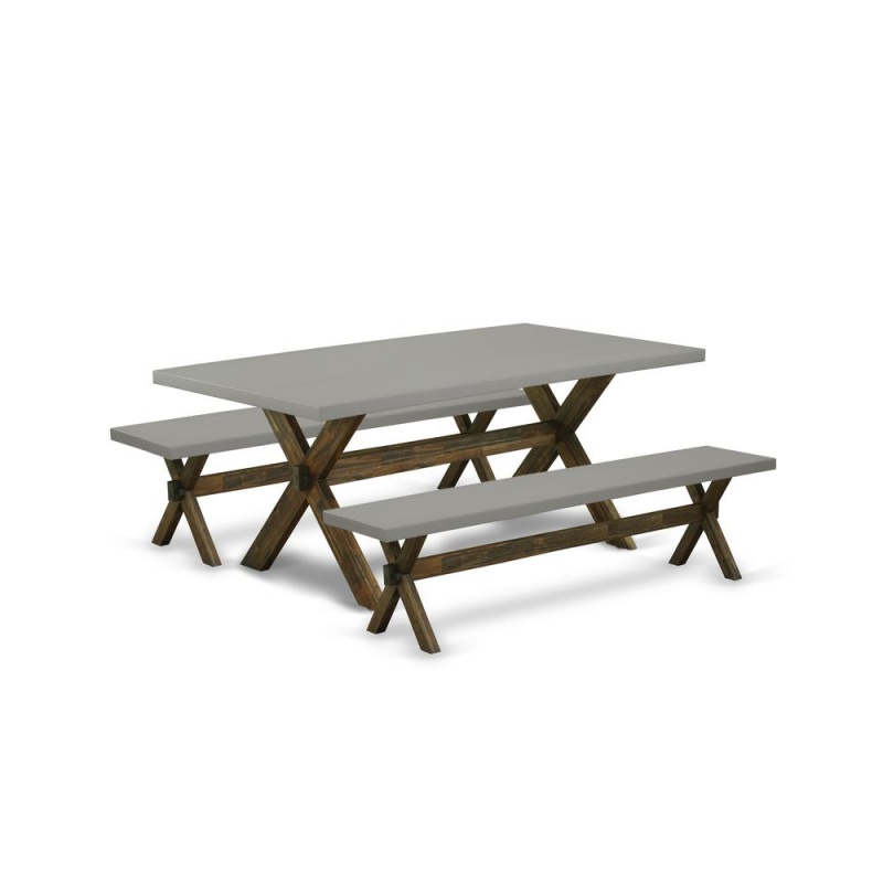 East West Furniture X2-797 3 Piece Kitchen Set - 1 Cement Dining Room Table And 2 Wood Bench - Stable And Sturdy Constructed - Distressed Jacobean Finish