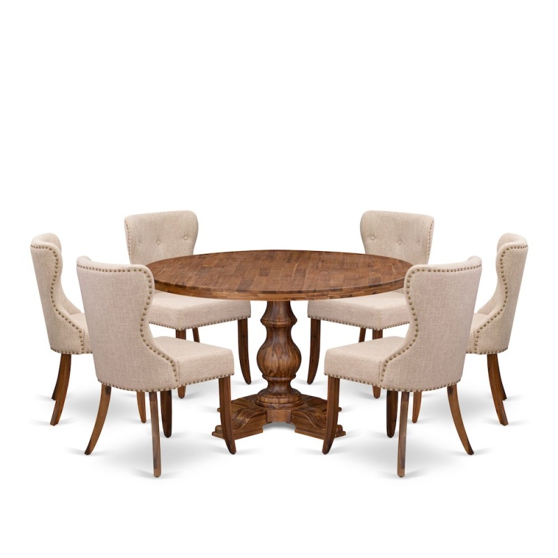7-Pc Kitchen Table Set with Pedestal Breakfast Table and 6 Light Tan Dining Chairs