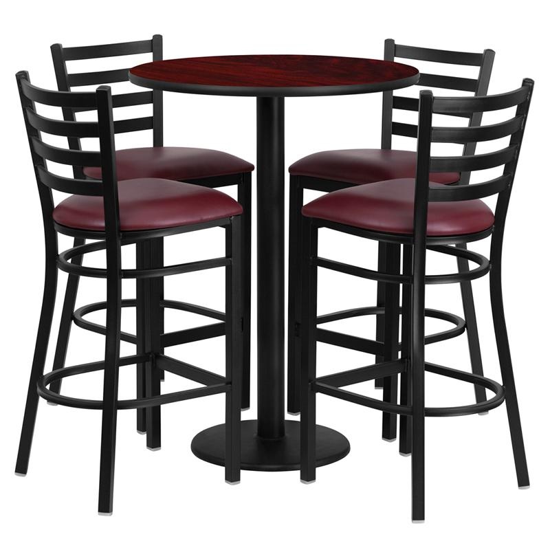 30'' Mahogany Table Set With Base And 4 Metal Barstools - Burgundy Vinyl Seat