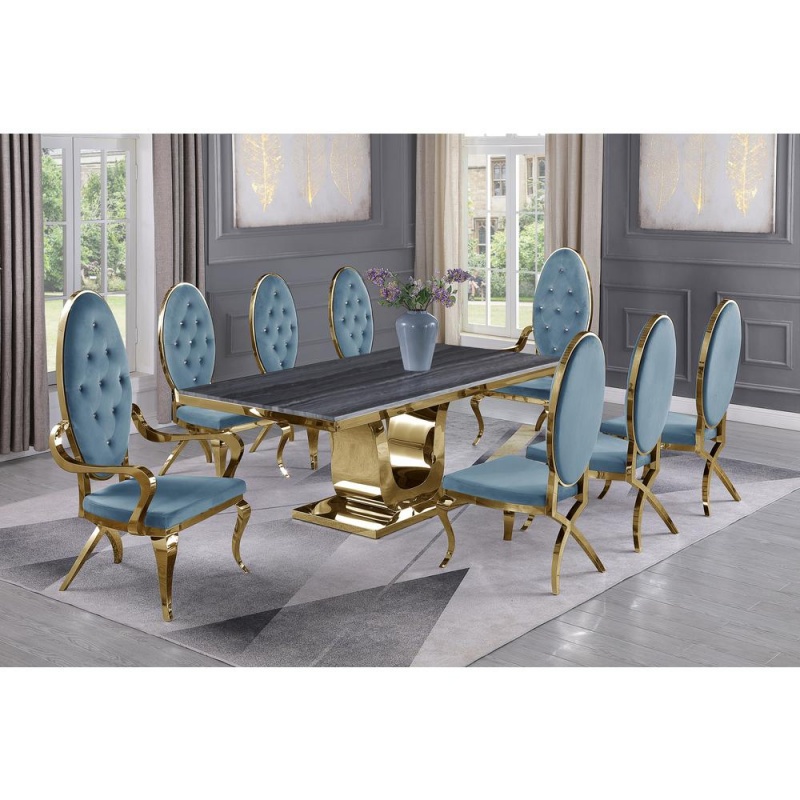 Dark Grey Marble 9Pc Set Tufted Faux Crystal Chairs And Arm Chairs In Teal Velvet