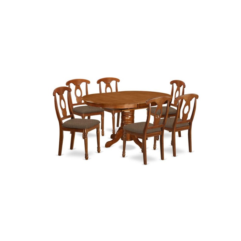 7 Pc Dinette Table With Leaf And 6 Fabric Seat Chairs In Saddle Brown