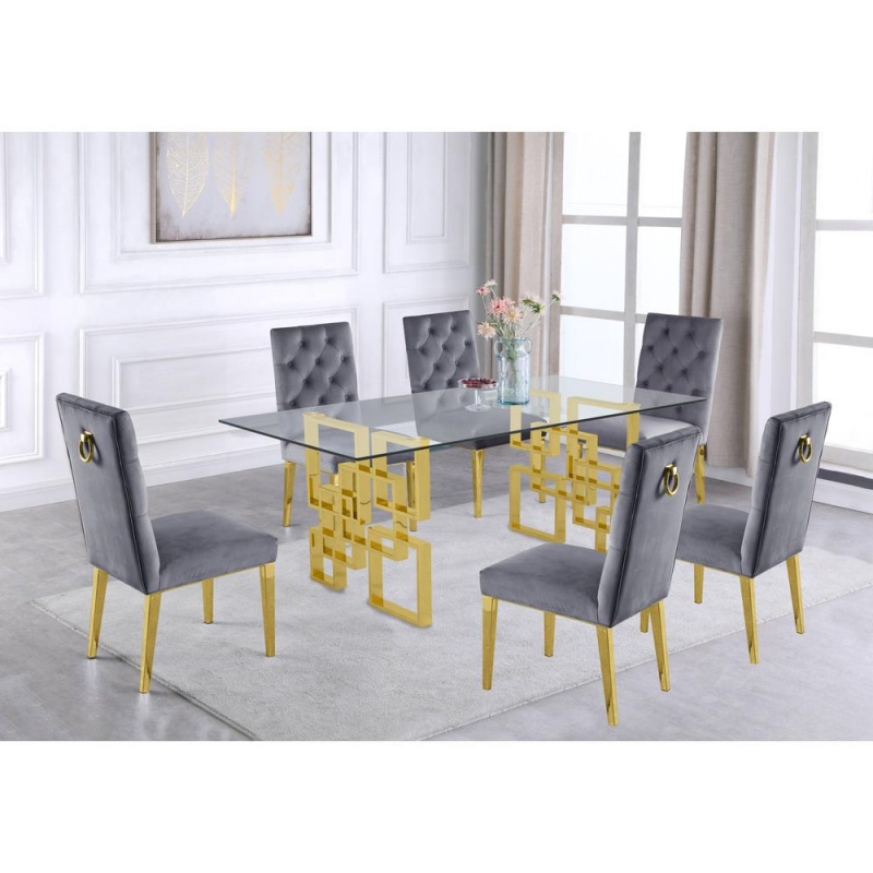 Gold Tempered Glass 7 Piece Dining Set Ring Chairs In Dark Gray Velvet