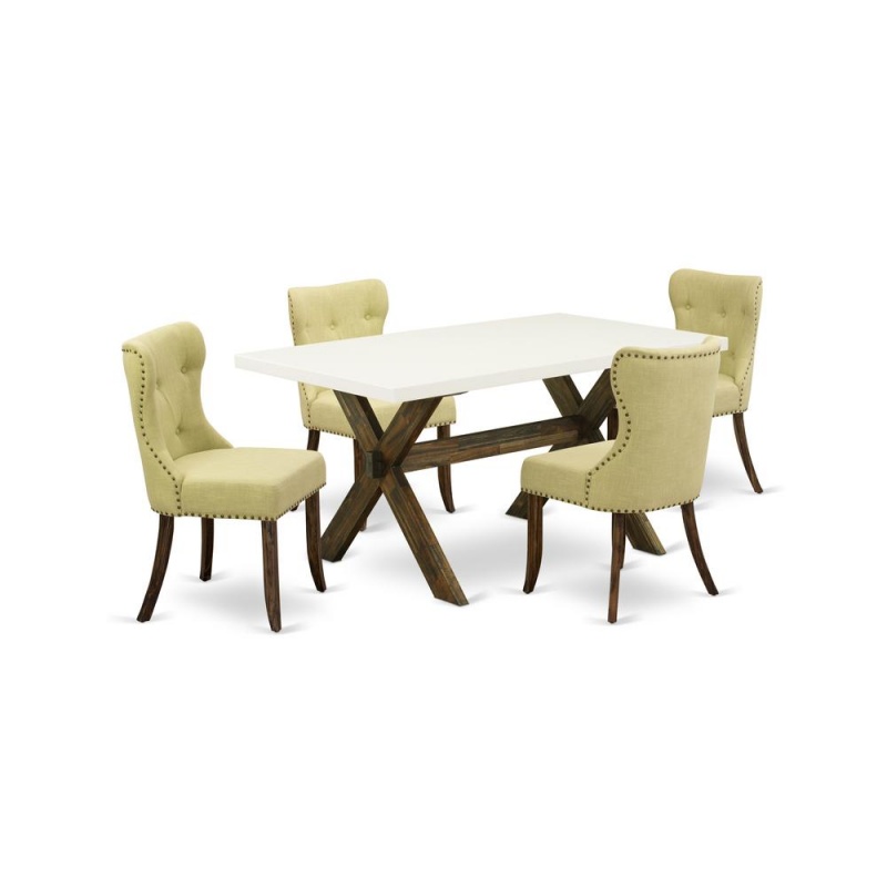 East West Furniture X726si737-5 5-Piece Dinette Set- 4 Dining Room Chairs With Limelight Linen Fabric Seat And Button Tufted Chair Back - Rectangular Table Top & Wooden Cross Legs - Linen White And Di