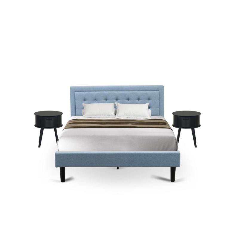 Fn11q-2Go15 3-Piece Platform Bed Set With 1 Mid Century Bed And 2 Small Nightstands - Denim Blue Linen Fabric