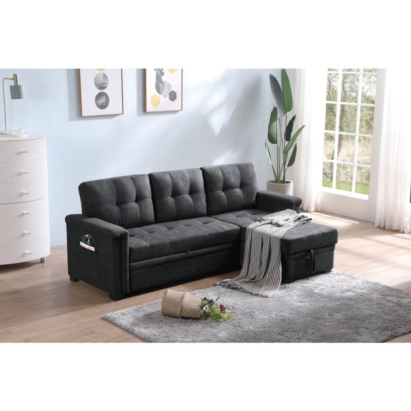 Ashlyn Dark Gray Woven Fabric Sleeper Sectional Sofa Chaise With Usb Charger And Tablet Pocket