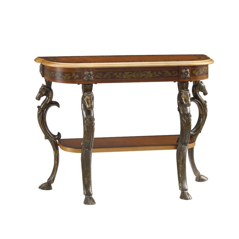 Masterpiece Floral Demilune Console Table With Horse Head, Hoofed-Foot Cast Legs & Display Shelf
