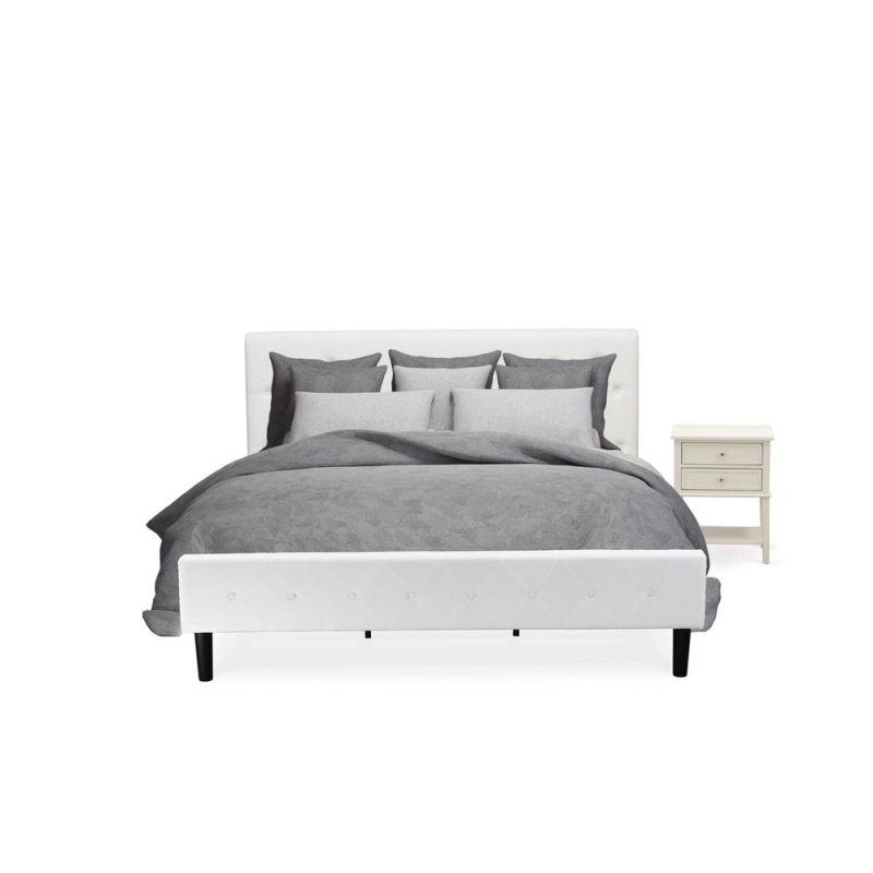Nl19k-1Vl0c 2 Pc Bed Set - 1 Bed White Velvet Fabric Headboard And 1 Night Stand - Wire Brushed Butter Cream Finish Nightstand