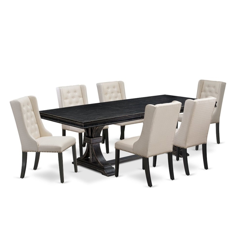 East West Furniture 7-Piece Wooden Dining Table Set with 6 Linen Fabric Chairs