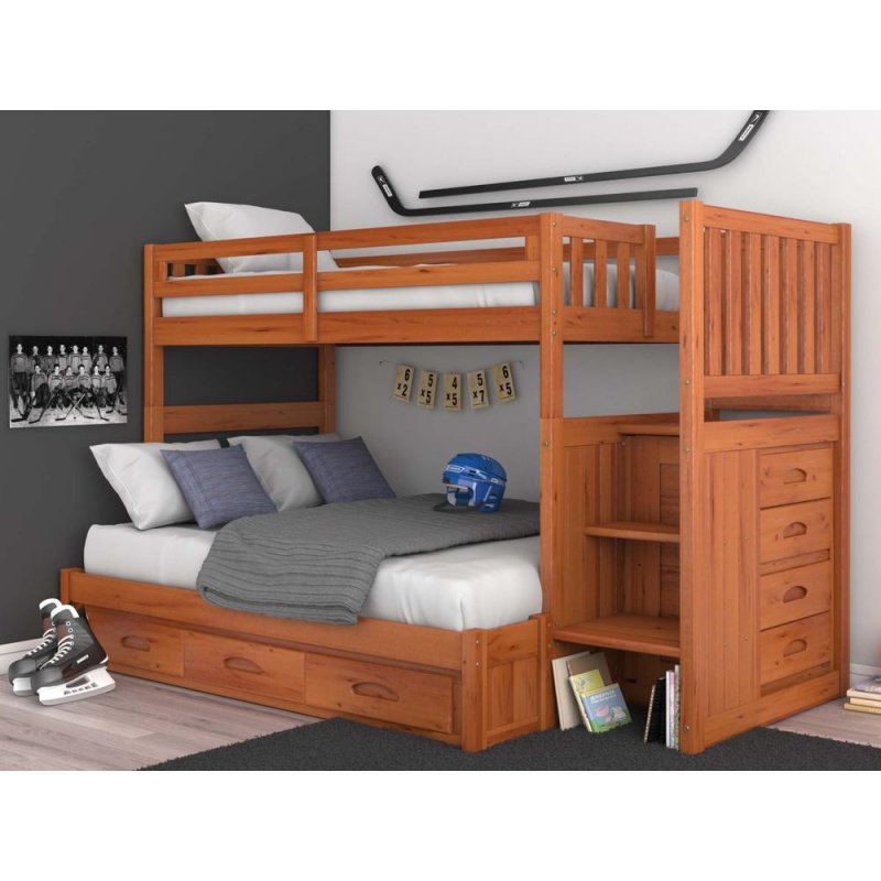 Os Home And Office Furniture Model Solid Pine Mission Staircase Twin Over Full Bunk Bed With Seven Drawers In Warm Honey