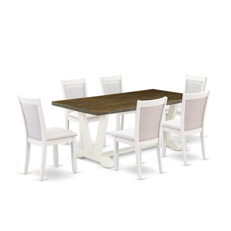 East West Furniture 7-Pc Dinette Set Contains A Wood Dining Table And 6 Cream Linen Fabric Parson Chairs With Stylish Back - Wire Brushed Linen White Finish