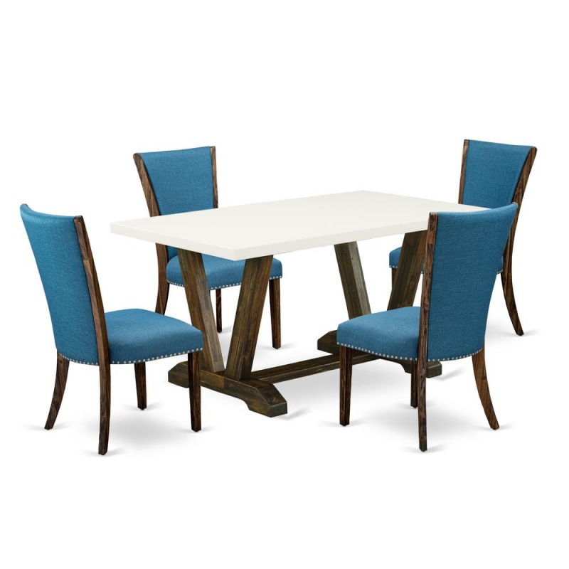 East West Furniture V726ve721-5 5Pc Dining Table Set Includes A Dining Table And 4 Parson Chairs With Blue Color Linen Fabric,Distressed Jacobean And Linen White Finish