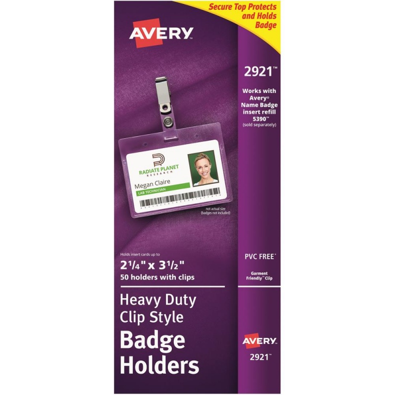 Avery® Heavy-Duty Clip Style Badge Holders - Support 3.50" X 2.25" Media - Horizontal - 3.5" X 2.3" - Plastic - 50 / Box - Clear