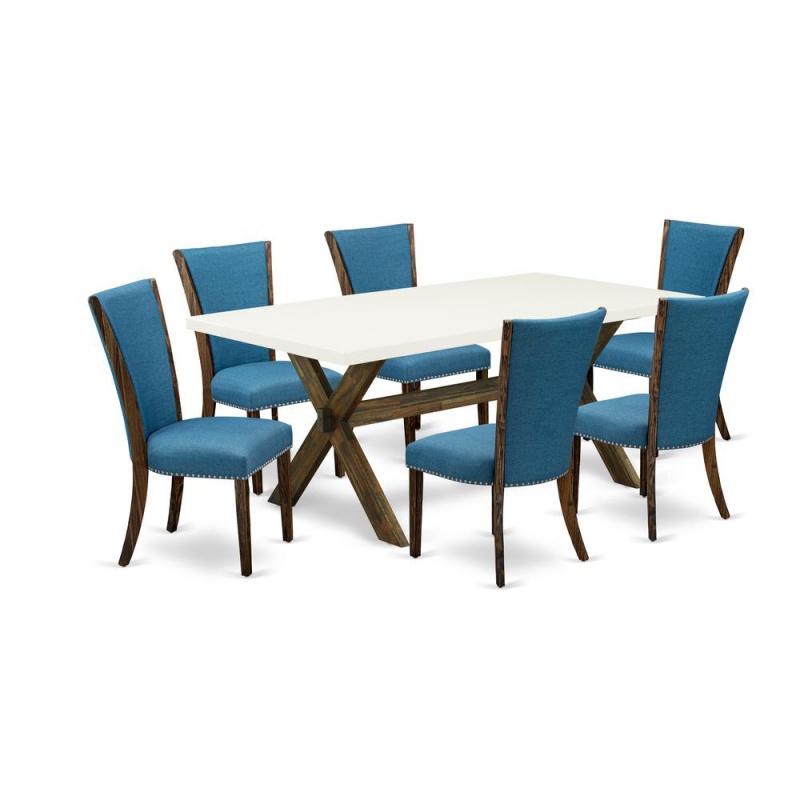 East West Furniture X727ve721-7 7Pc Modern Dining Table Set Consists Of A Dining Table And 6 Parsons Dining Chairs With Blue Color Linen Fabric, Distressed Jacobean And Linen White Finish
