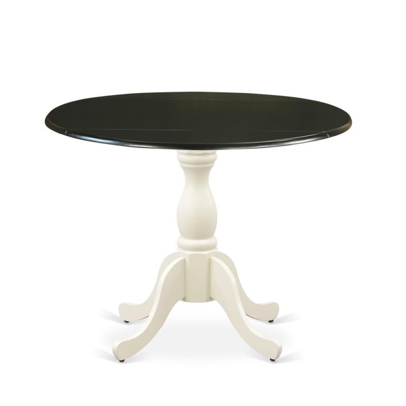 East West Furniture Dining Room Table With Drop Leaves - Black Table Top And Linen White Pedestal Leg Finish