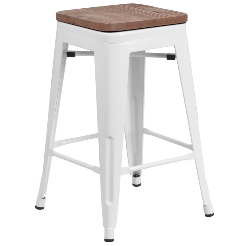 24" High Backless White Metal Counter Height Stool With Square Wood Seat