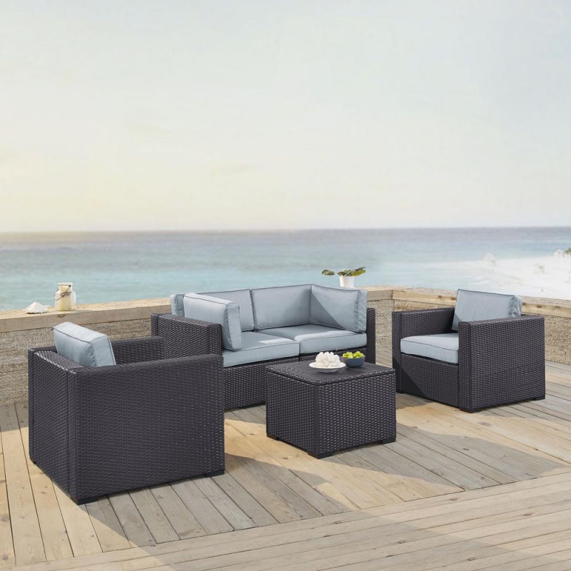 Biscayne 5Pc Outdoor Wicker Sectional Set Mist/Brown - 2 Armchairs, 2 Corner Chair, Coffee Table