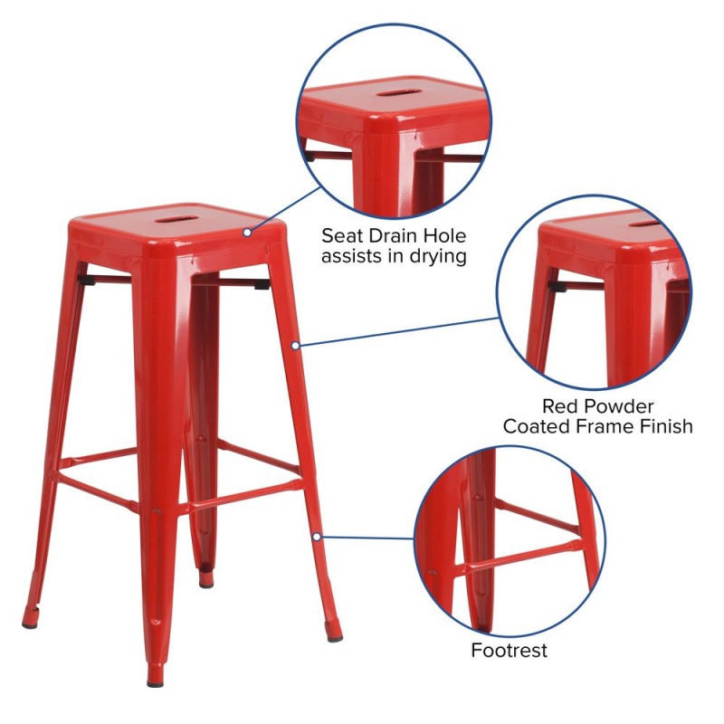 Commercial Grade 30" High Backless Red Metal Indoor-Outdoor Barstool With Square Seat