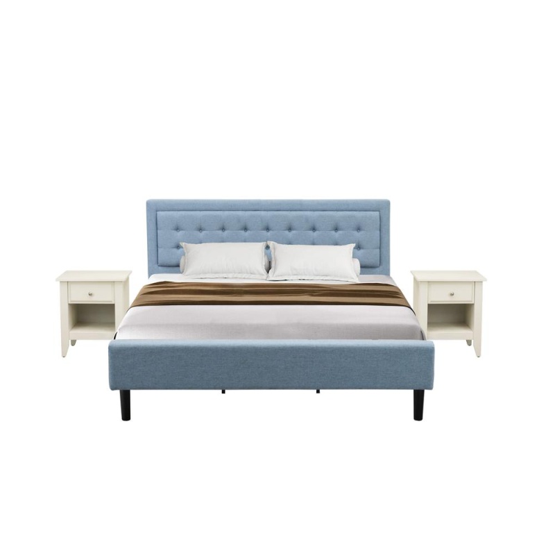Fn11k-2Ga0c 3-Piece Platform King Bedroom Set With 1 Wood Bed Frame And 2 Modern Nightstands - Denim Blue Linen Fabric
