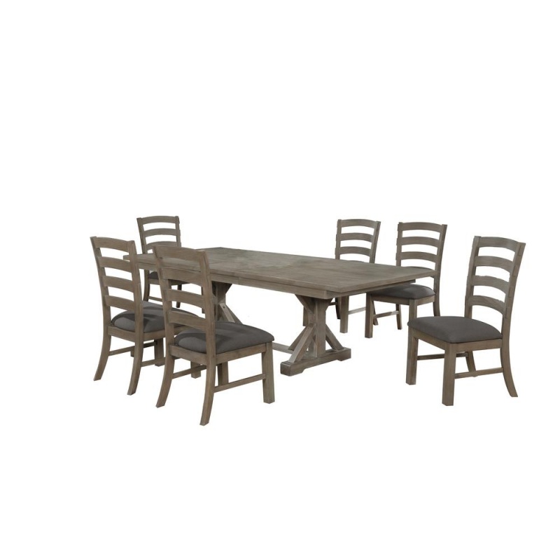 7 Piece Dining Set Extendable W/18"Center Leaf Extension & 6 Ladder-Back Chairs In Dark Grey Linen