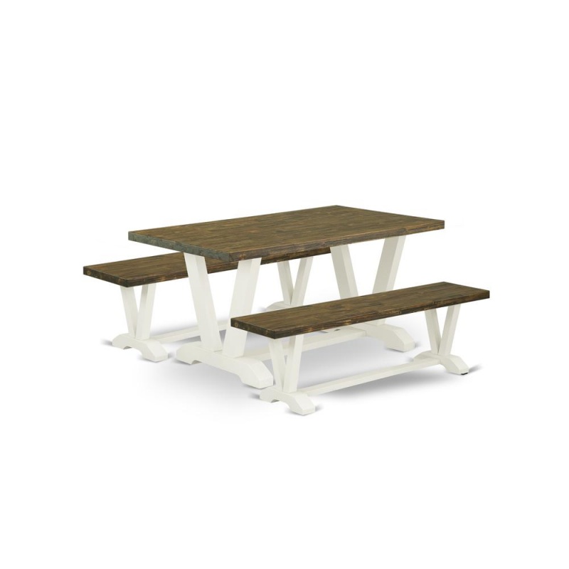 East West Furniture V2-076 3 Piece Dining Room Table Set - 1 Distressed Jacobean Small Dining Table And 2 Mid Century Modern Bench - Linen White Finish