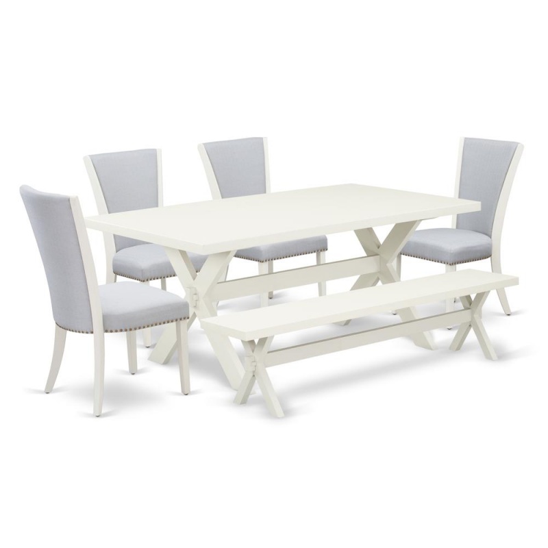 East West Furniture X027ve005-6 6 Piece Table Set - Linen White Wooden Dining Table, 1 Wooden Bench And 4 Grey Linen Fabric Parson Chairs With Nailheads - Wire Brushed Linen White Finish