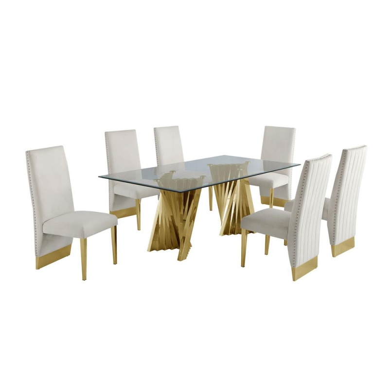 Classic 7Pc Dining Set W/Pleated Side Chair, Glass Table W/ Gold Spiral Base, Beige