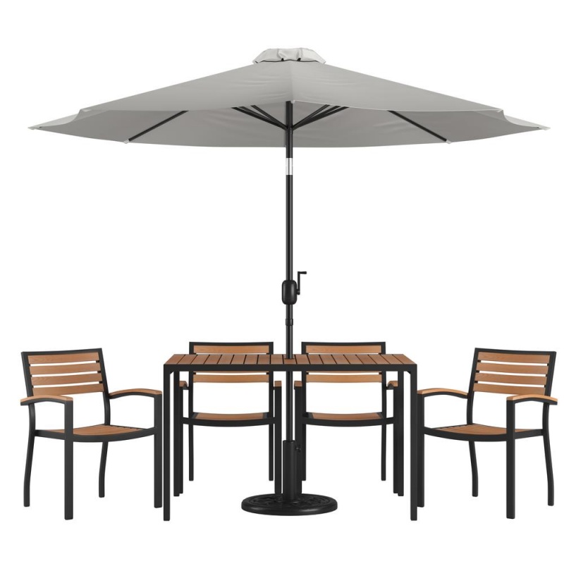 7 Piece Outdoor Patio Dining Table Set With 4 Synthetic Teak Stackable Chairs, 30" X 48" Table, Gray Umbrella & Base