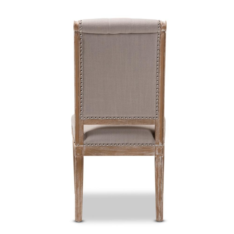 Charmant French Provincial Beige Fabric Upholstered Weathered Oak Finished Wood Dining Chair