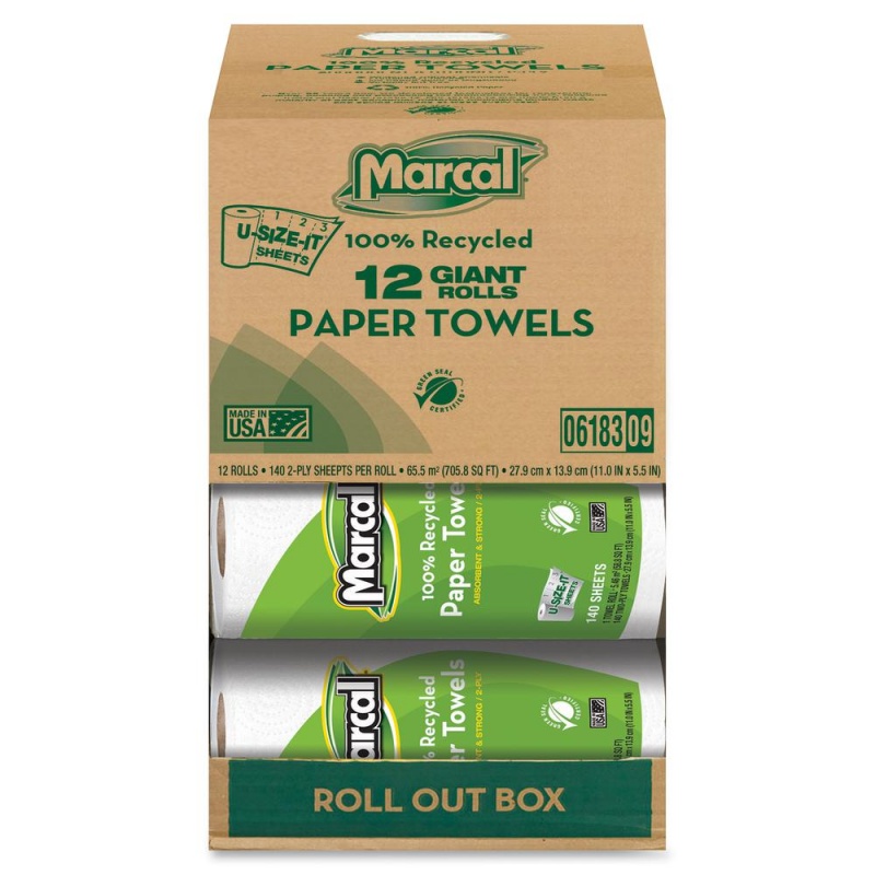 Marcal Giant Paper Towel In A Roll Out Carton - 2 Ply - 140 Sheets/Roll - White - Paper - Perforated - For Office Building, Washroom, Restroom - 12 / Carton