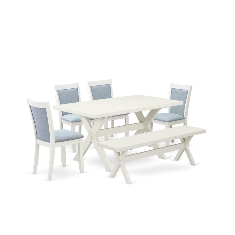 X026mz015-6 6-Pc Dining Set Contains A Wood Table - 4 Baby Blue Dining Chairs And A Small Bench - Wire Brushed Linen White Finish