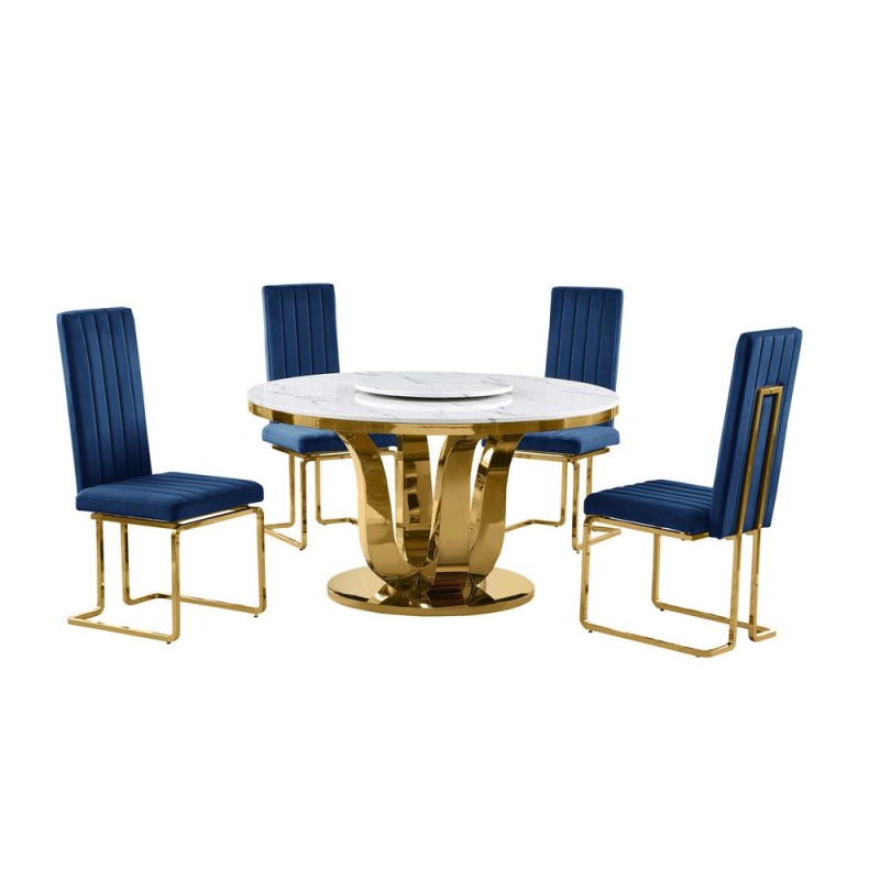 5Pc White Marble Round Dining Set With Gold Base And 4 Navy Blue Side Chairs