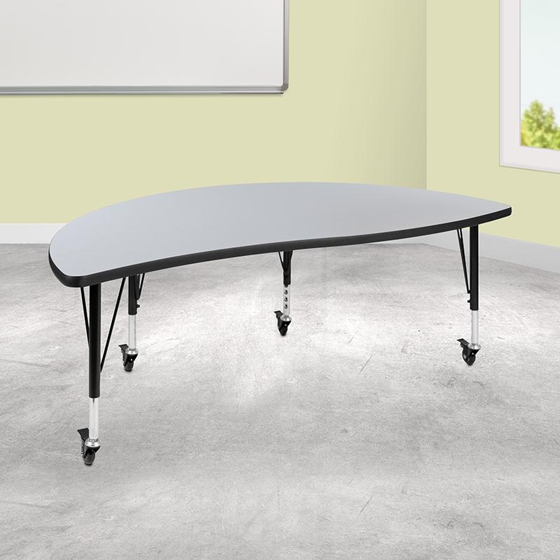 Mobile 60" Half Circle Wave Collaborative Grey Thermal Laminate Activity Table - Height Adjustable Short Legs