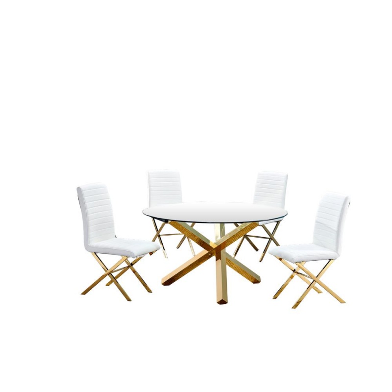 Tracy 5-Piece Gold Round Glass Dining Set, White