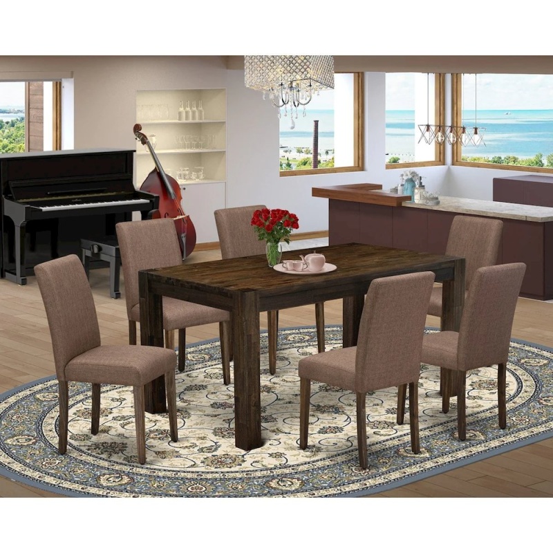 East West Furniture Cnab7-77-47 7Pc Dining Room Table Set Consists Of A Rectangle Table And 6 Parson Chairs With Light Sable Color Linen Fabric, Medium Size Table With Full Back Chairs, Distressed Jac