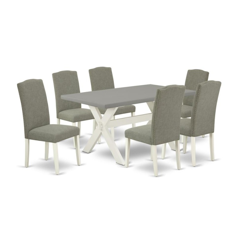 East West Furniture 7-Piece Stylish A Good Cement Color Rectangular Table Top And 6 Excellent Linen Fabric Parson Dining Room Chairs With Nail Heads And Stylish Chair Back, Linen White Finish