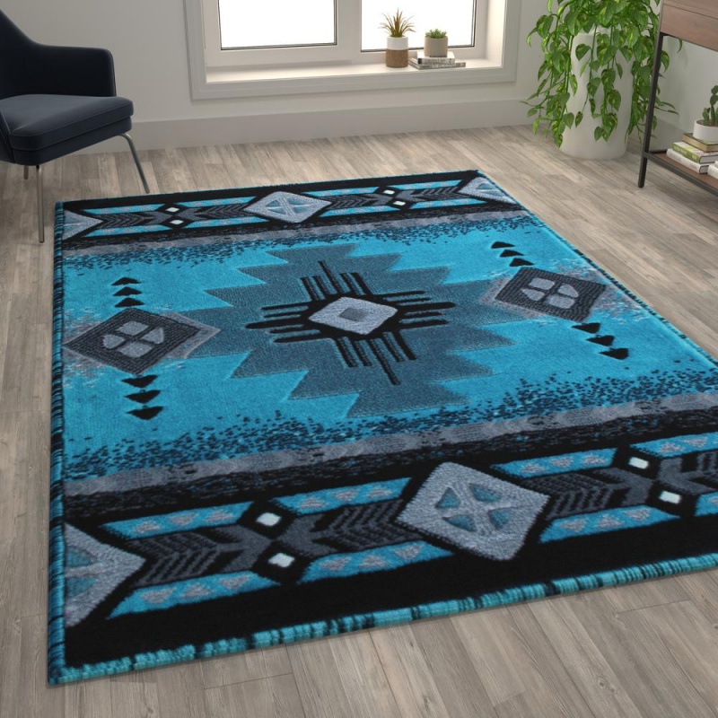 Mohave Collection 6' X 9' Turquoise Traditional Southwestern Style Area Rug - Olefin Fibers With Jute Backing