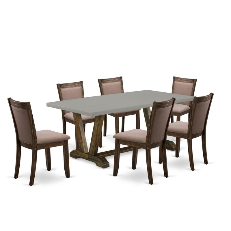 East West Furniture 7 Piece Innovative Kitchen Table Set - A Cement Top Dining Table With Trestle Base And 6 Coffee Linen Fabric Modern Dining Chairs - Distressed Jacobean Finish