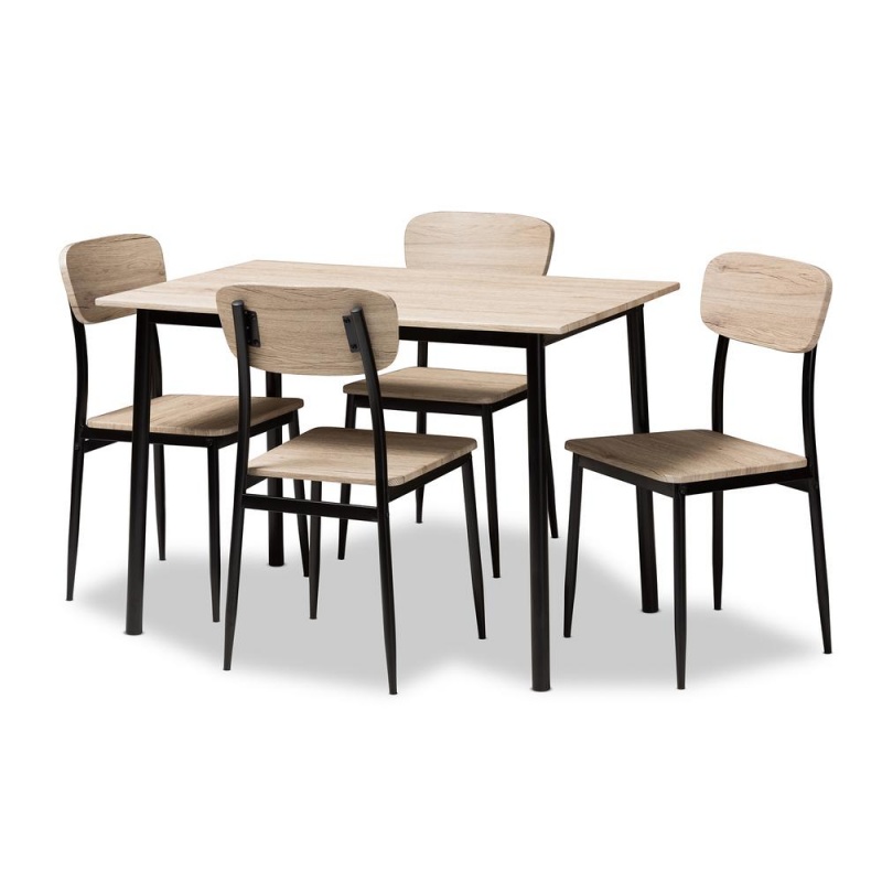 Honore Mid-Century Modern Light Brown Wood Finished Matte Black Frame 5-Piece Dining Set