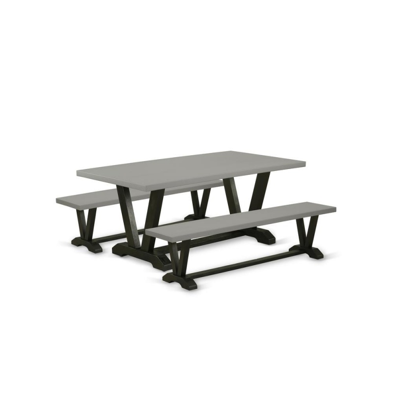 East West Furniture V2-697 3 Piece Dining Table Set - 1 Cement Dining Room Table And 2 Small Benches - Stable And Sturdy Constructed - Wire Brushed Black Finish