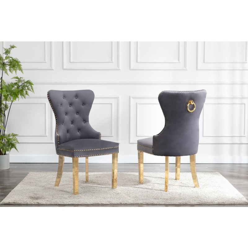 Velvet Tufted Side Chair Set Of 2, Stainless Steel Gold Legs, Dark Grey