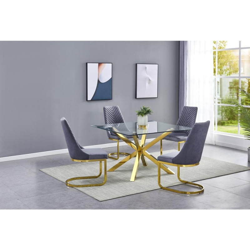 Square Tempered Glass 5Pc Gold Set Chrome Chairs In Dark Grey Velvet