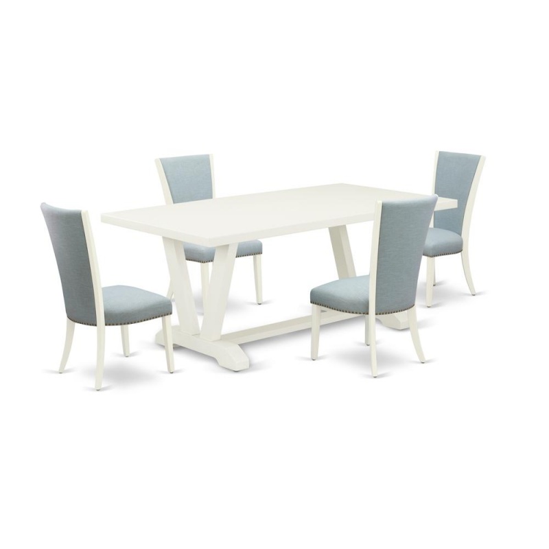 East West Furniture V027ve215-5 5 Piece Mid Century Dining Room Set - 4 Baby Blue Linen Fabric Parson Chairs With Nailheads And Linen White Kitchen Table - Linen White Finish