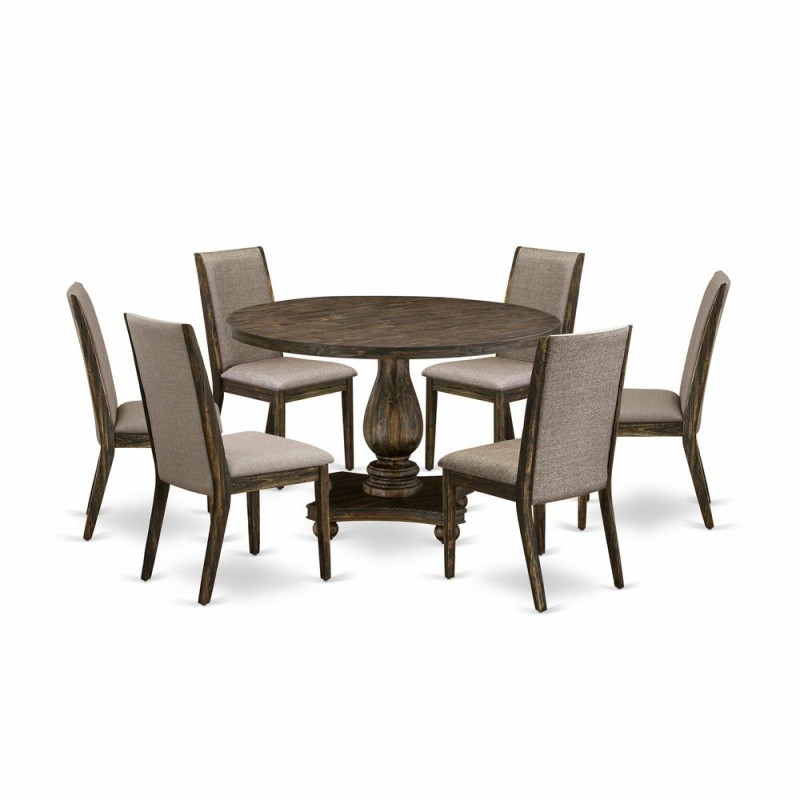 East West Furniture 7 Piece Dining Room Table Set Contains A Dining Table And 6 Dark Khaki Linen Fabric Upholstered Dining Chairs With High Back - Distressed Jacobean Finish