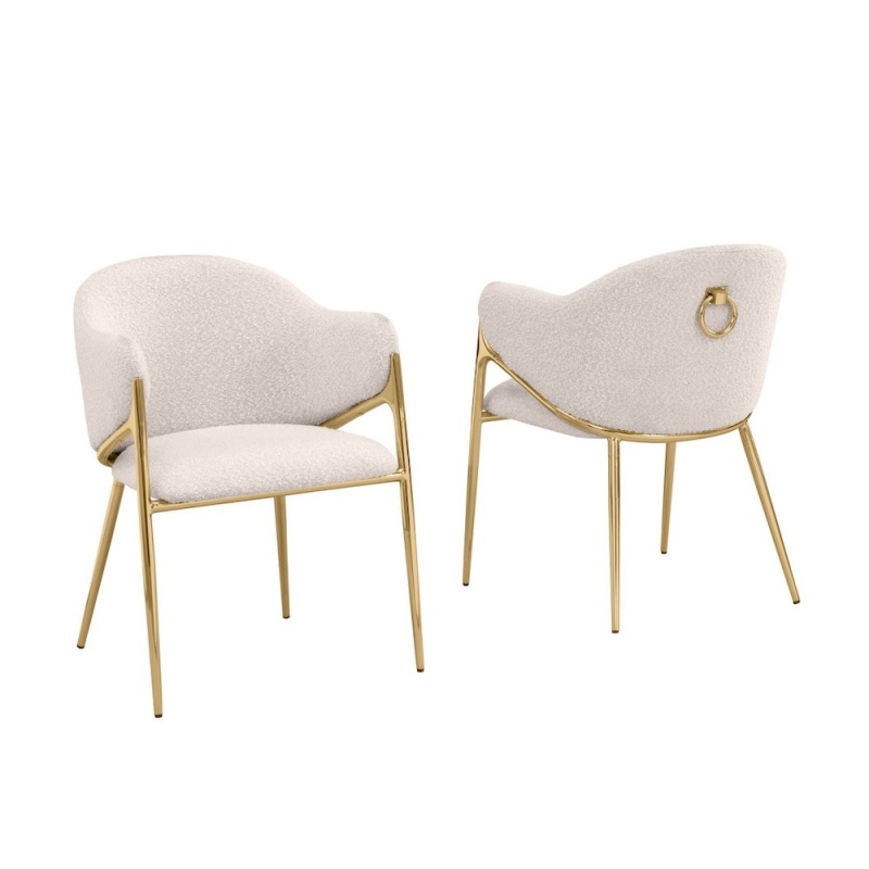Cream Bouclé Fabric Side Chairs With Gold Base